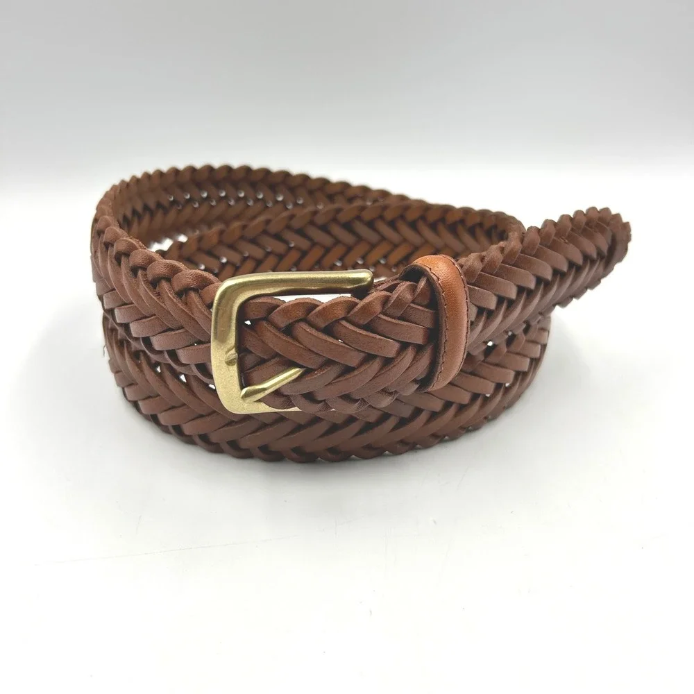 Toneka Braided Belt Brown Mens Size 40 Full Grain Leather Solid Brass Buckle EUC